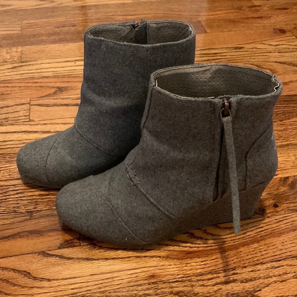 TOMS Grey Wool Wedge Booties
